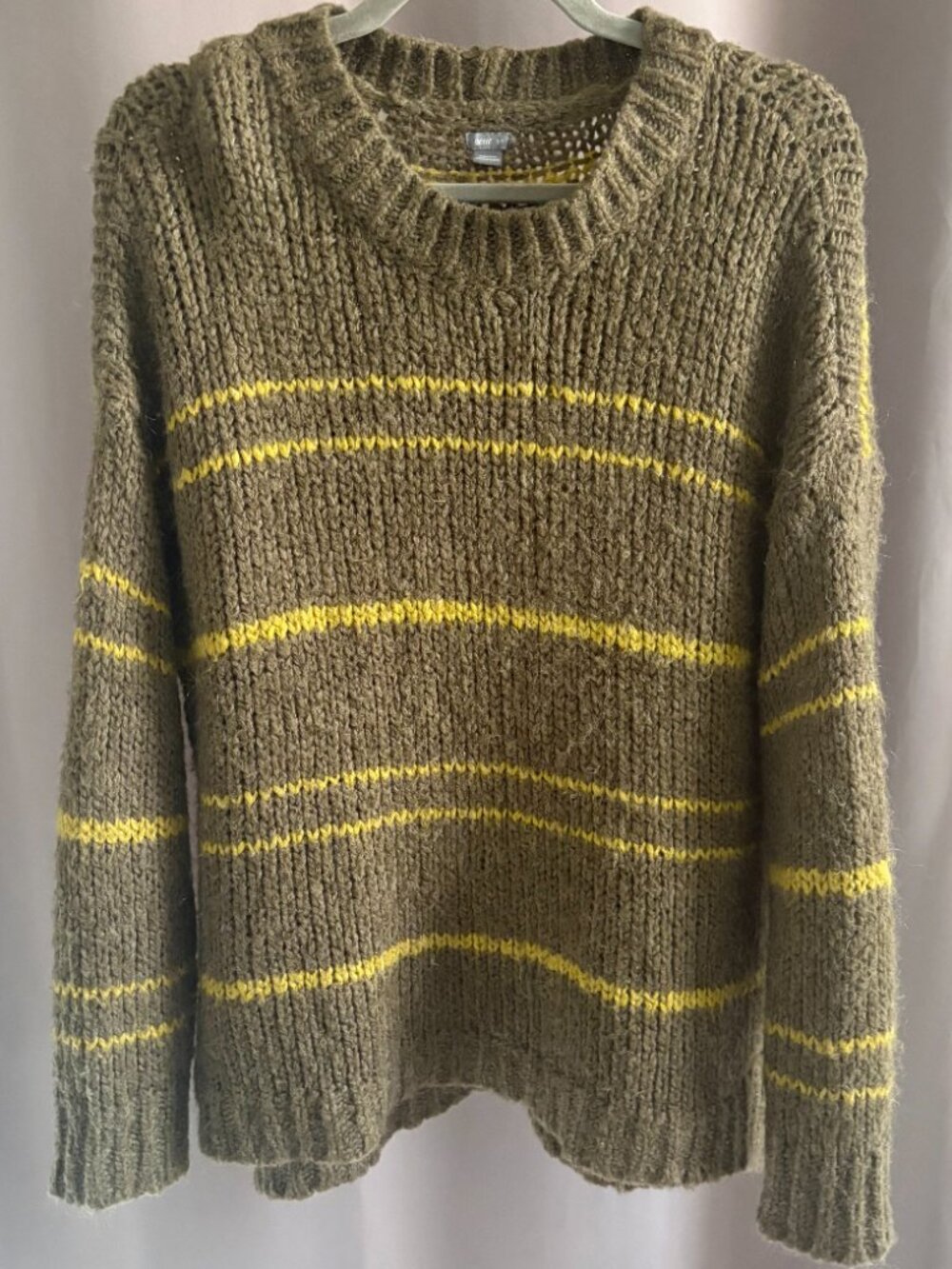 Aerie Small Olive Green Wool Mohair Blend Chunky Knit Yellow Striped Sweater